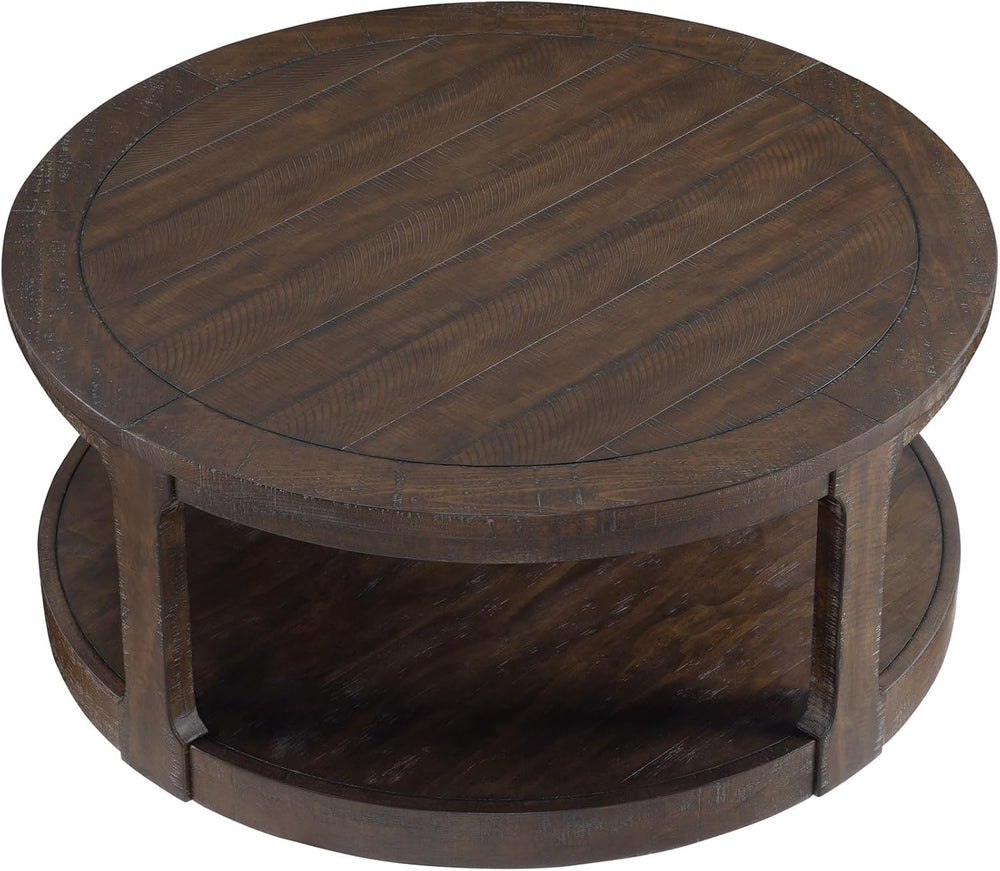 WILLIAMSPACE 40" Round Coffee Table with Wheels, Circle 2 Tier Solid Woo...