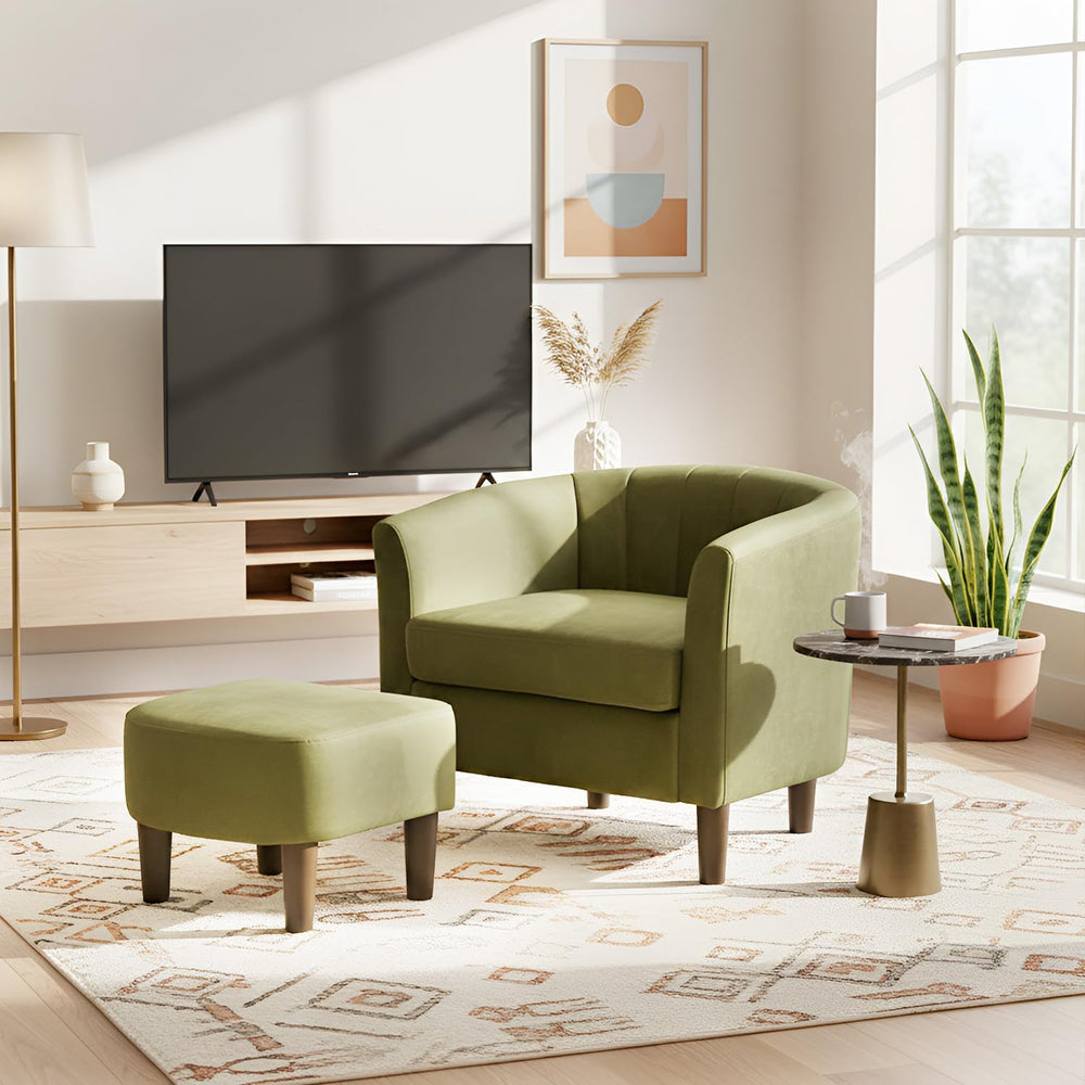 FDW Velvet Barrel Accent Chair with Ottoman, Modern Armchair with Ottoman Set...