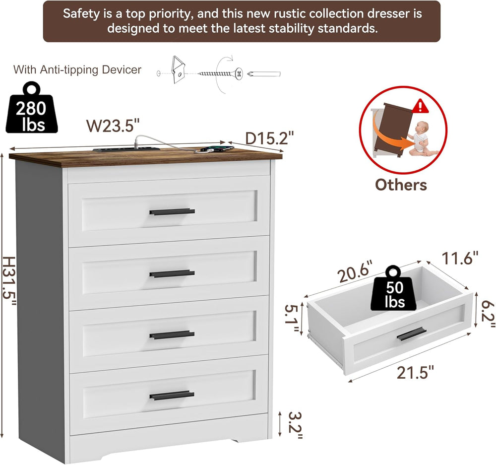 GEPELCN Farmhouse 4 Drawers Dresser for Bedroom Rustic Chest of Drawers with ...
