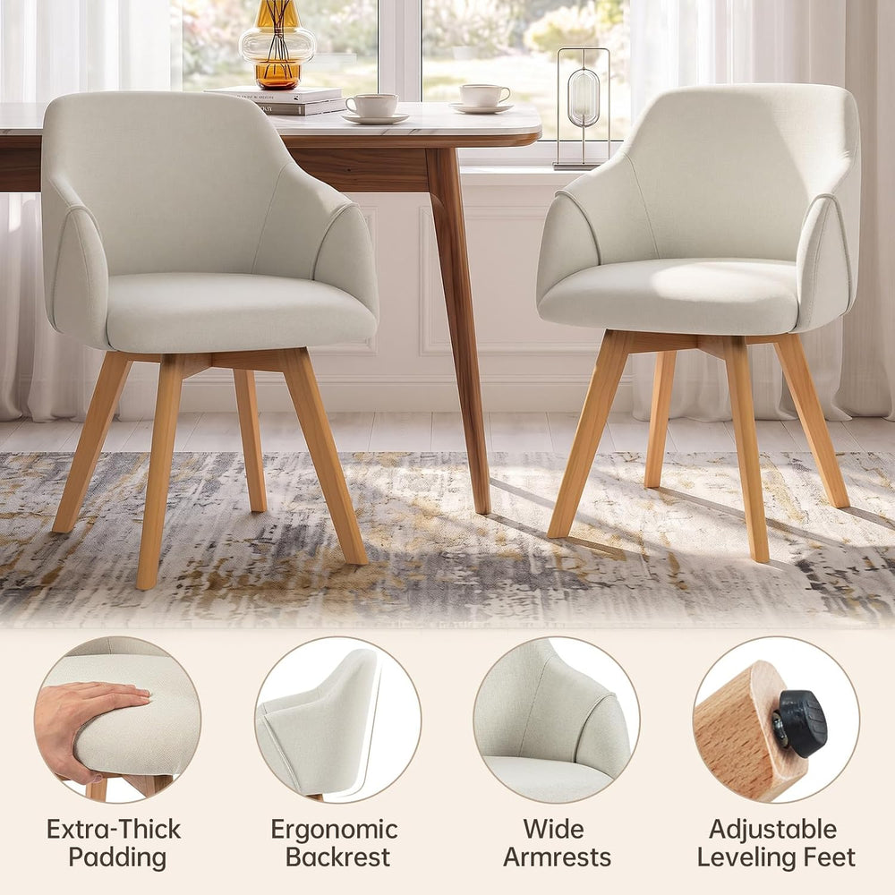 Swivel Dining Chairs Set of 4 with Arms and Wood Legs, Beige