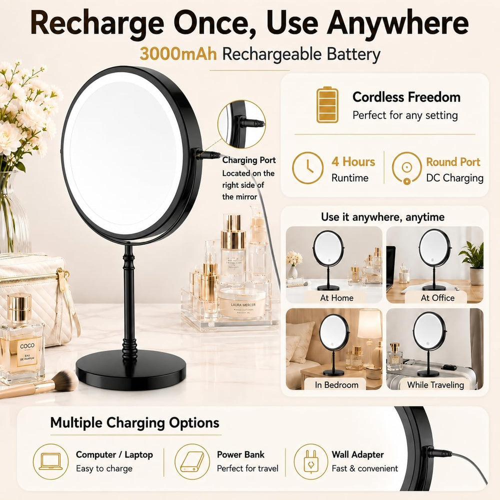 DEIOVWXS Makeup Mirror, Rechargeable Vanity Mirror with 3 Lights, 1X/10X