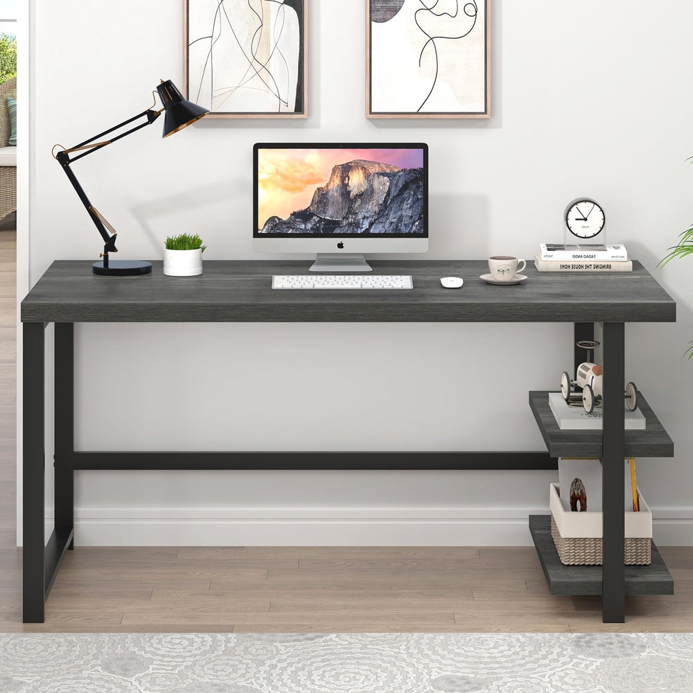 EXCEFUR Industrial Computer Desk, Home Office Desk with Storage Shelves, Wood...