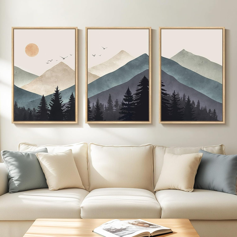 Large Framed Boho Mountain Landscape Wall Art for Living Room, 24x36 Inch