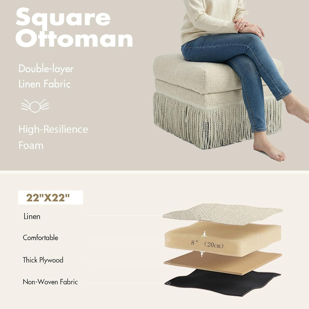 Hyfirm Upholstered Ottoman Footstool with Fringe Skirt, 21.5" Square
