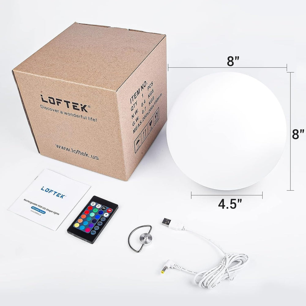 LOFTEK 8-inch LED Ball Light, Rechargeable RGB Glowing Globe Lamp, Hangable