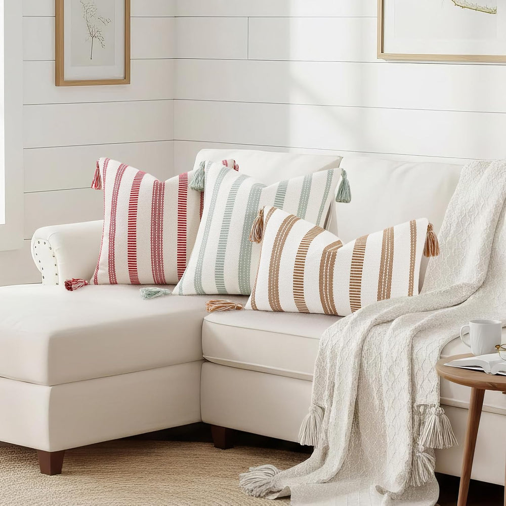Smile Bee Outdoor Striped Pillow Covers 20x20 Set of 2 Sage Green and White