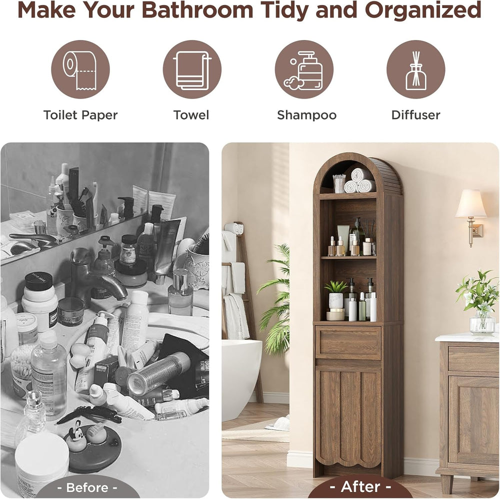 Vabches Tall Storage Cabinet with Arched Fluted Top, 67” Tall Bathroom Storag...