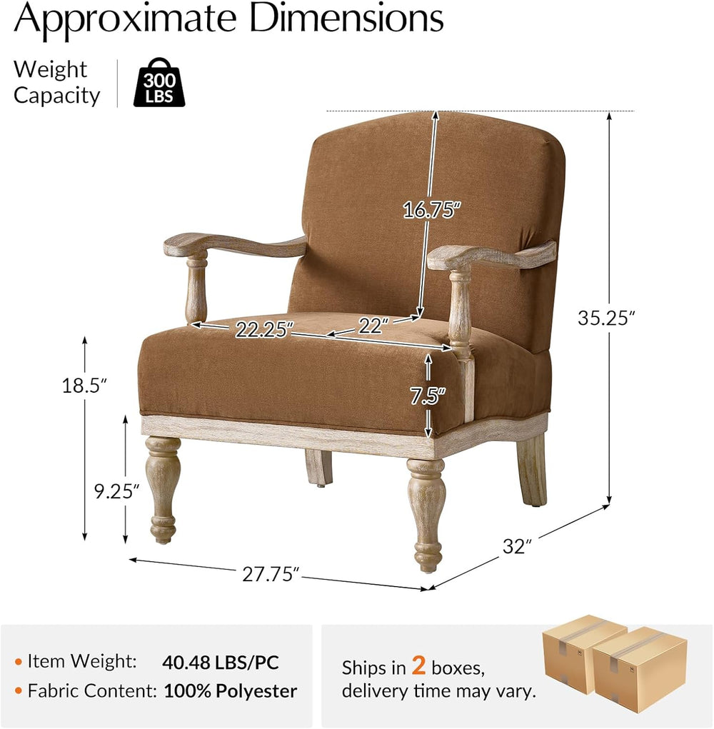 HULALA HOME Farmhouse Accent Chair Set of 2 Solid Wood Frame, Caramel