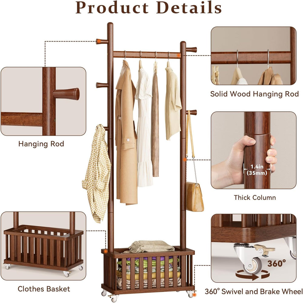 Taitiy Solid Wood Coat Rack with Wheels, Freestanding Coat Tree with Removabl...