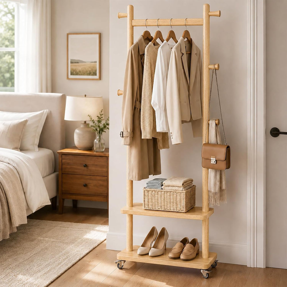 Taitiy Coat Rack Freestanding Solid Wood Clothes Rack with Wheels