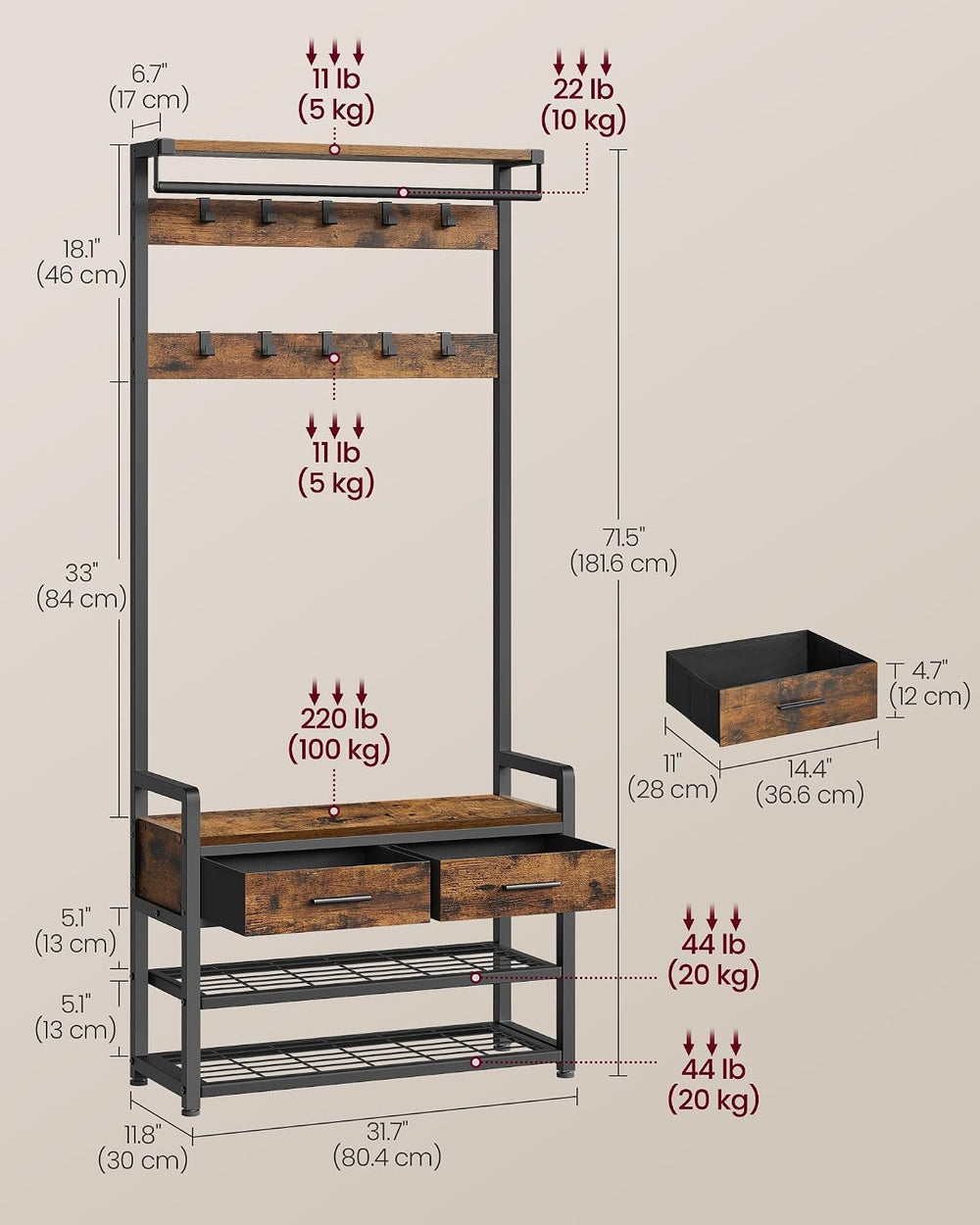 VASAGLE Hall Tree with Bench and Shoe Storage, 2 Fabric Drawers, 10 Hooks
