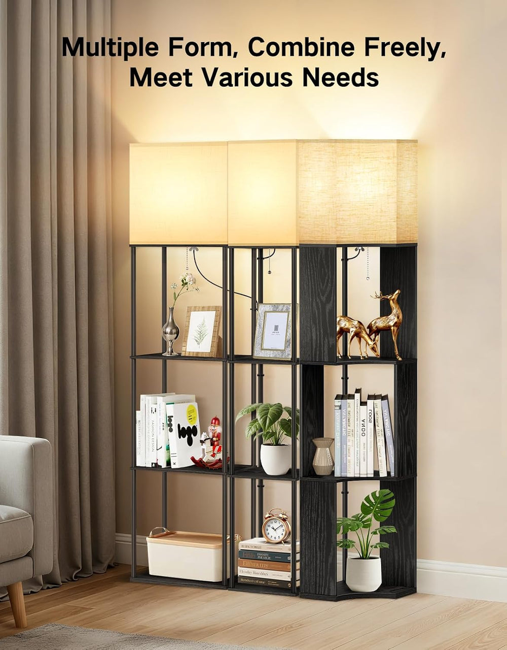 OUTON Floor Lamp with Shelves, Modern Square Standing Shelf Lamp, Black