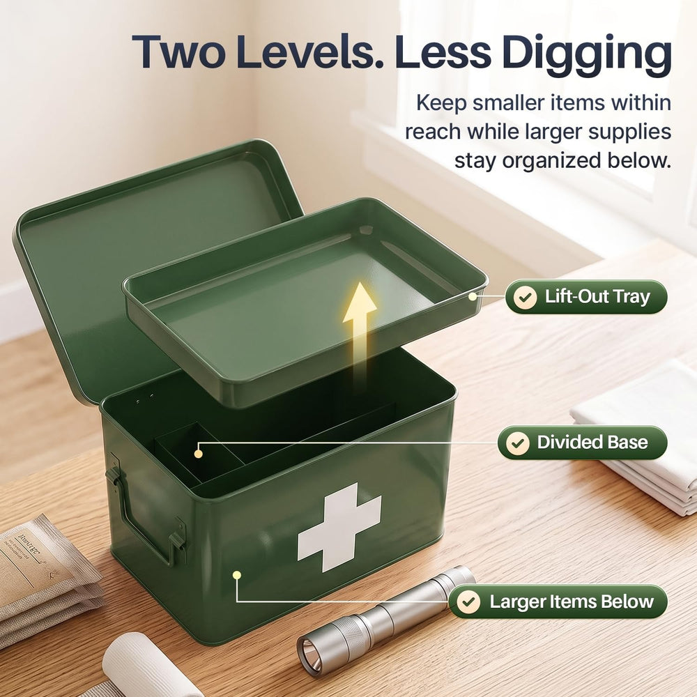 Flexzion Large Metal First Aid Box Empty, 8.5-Inch, Green with White Cross