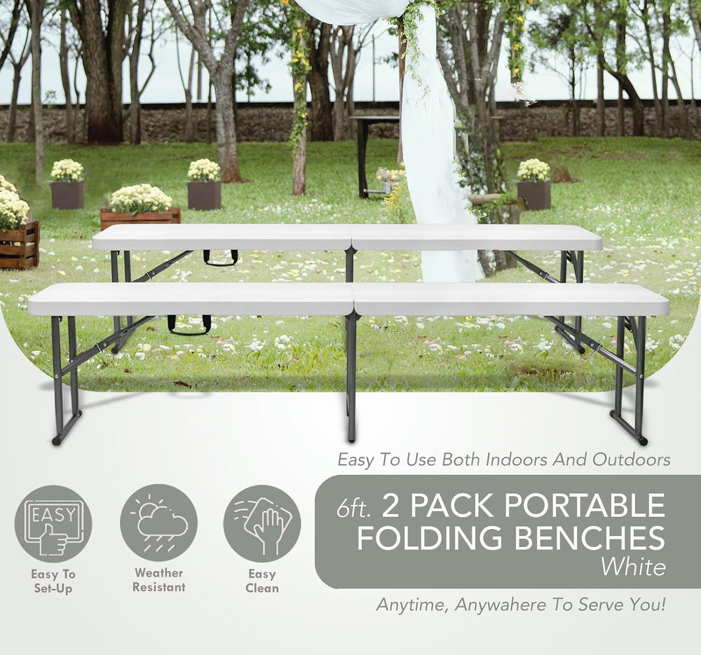AJP Distributors 2 Pack 6 Foot Portable Plastic Folding Bench, White