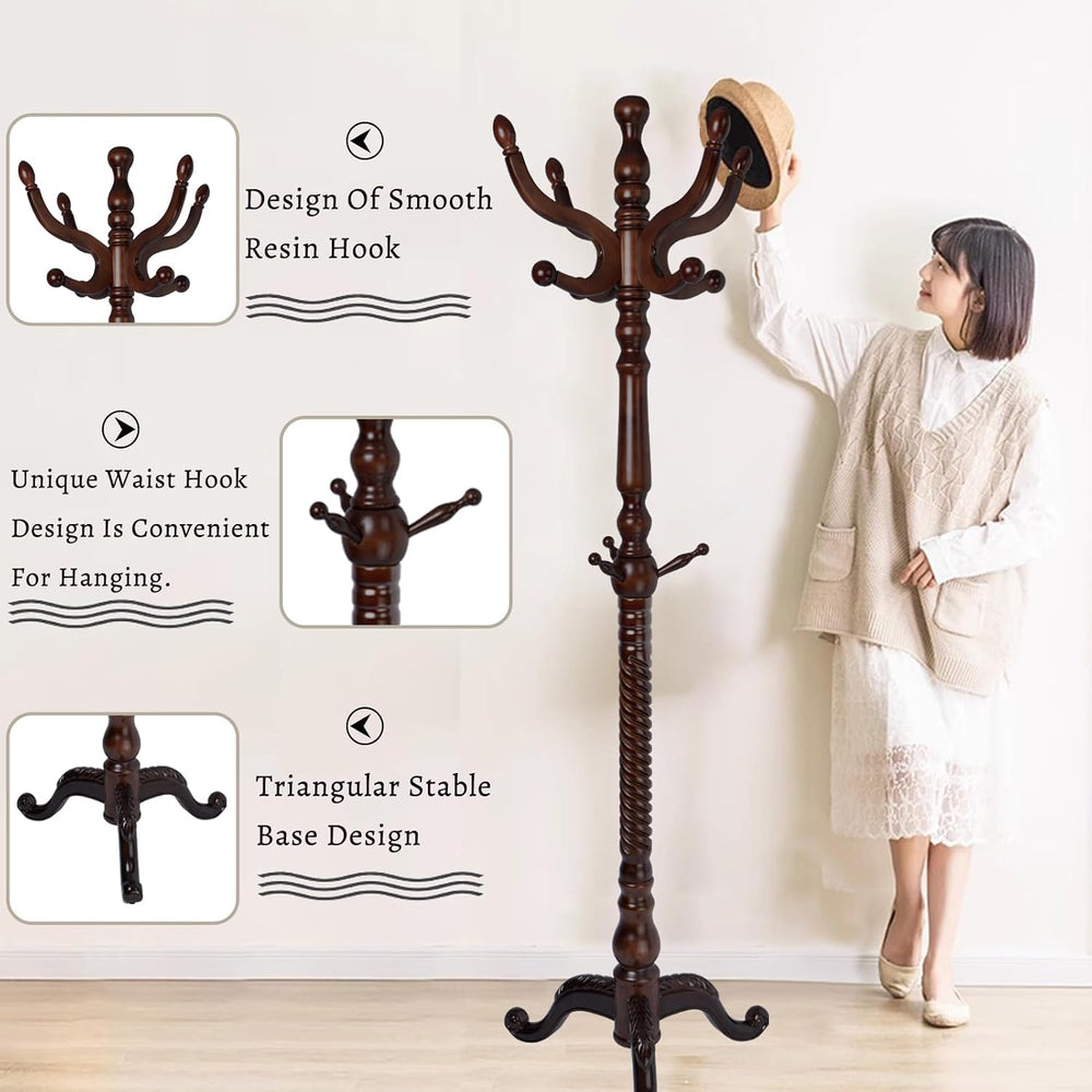 Wooden Coat Rack Freestanding, Hall Tree Hanger With Resin Hooks, Adjustable ...