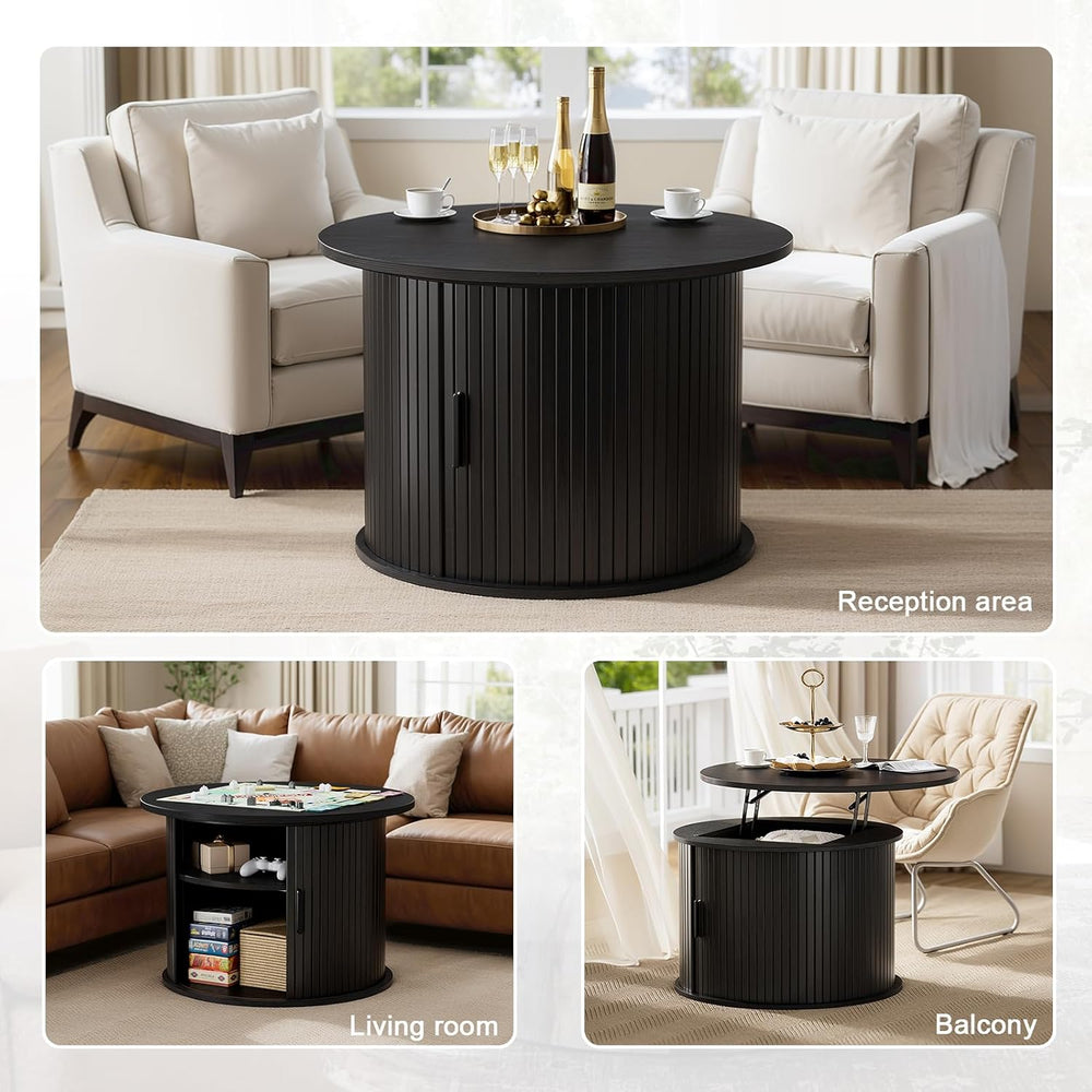 FABATO Round Lift Top Coffee Table Fluted Drum Table Sliding Door, Black