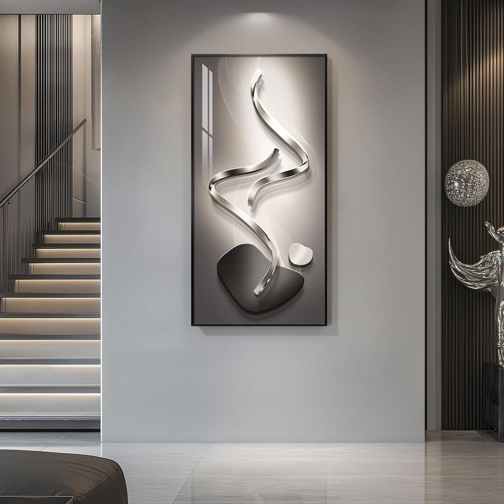 Large Framed Black Gray Abstract Wall Art for Living Room, Vertical 30x60