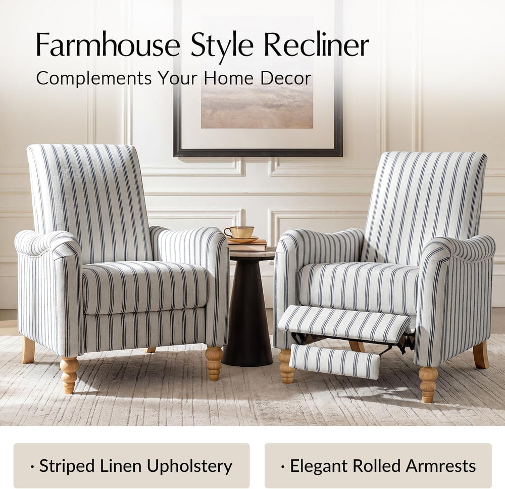 HULALA HOME Farmhouse Curved Recliner Chair with Stripe Pattern, Navy