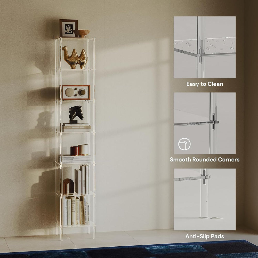 7-Tier Square Acrylic Bookshelf, Clear Tall Narrow Bookcase for Small Space, ...