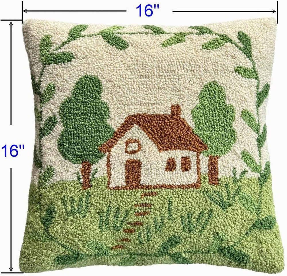 Cottage Tree Scene Hand-Hooked Throw Pillow Cover 16x16