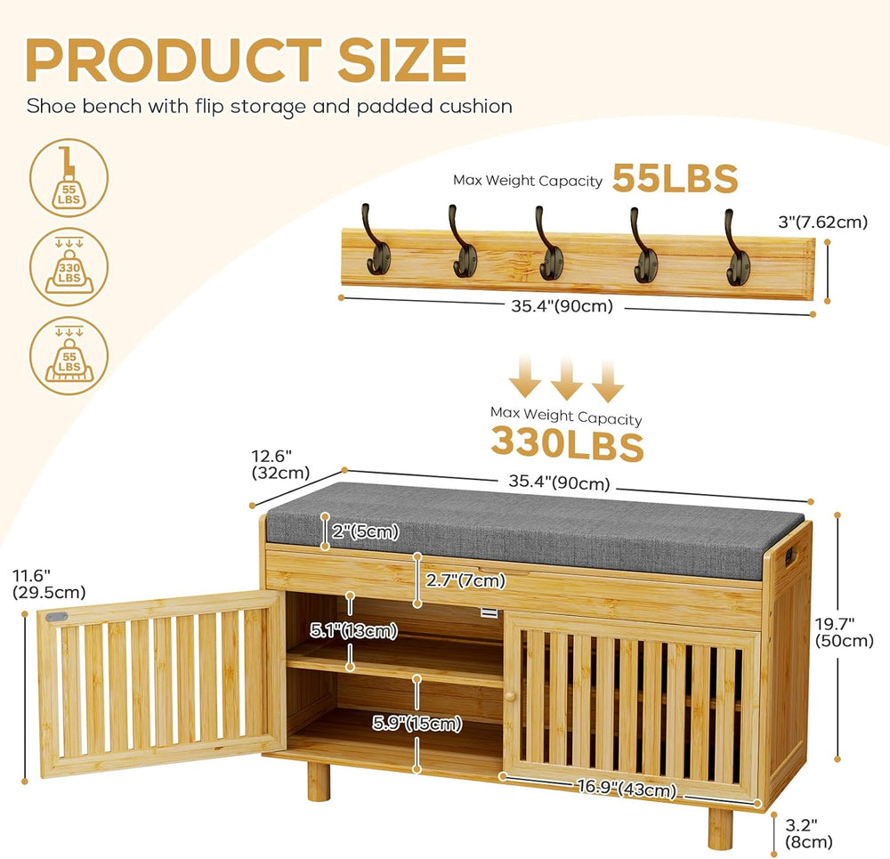 Shoe Storage Bench Coat Rack Set, 35.4" Bamboo Hall Tree Entryway Bench