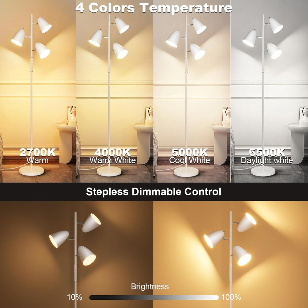 36W LED Floor Lamp for Living Room, Modern White 3-Light Tree Standing Lamp
