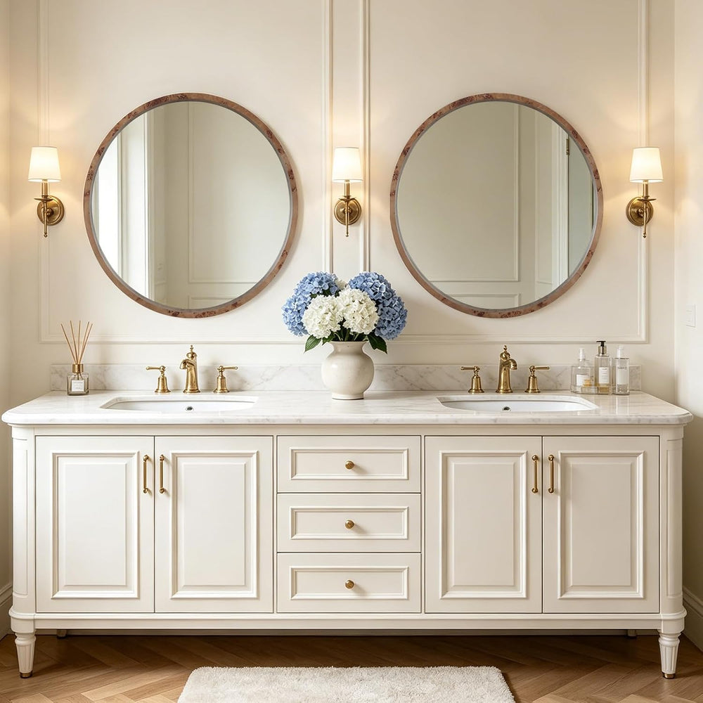WallBeyond 28 Inch Round Wood Mirror, Burlwood Grain Wood Frame Circle Mirror...