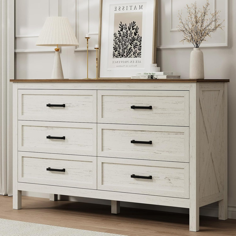 LYNSOM Farmhouse 6 Drawers Dresser for Bedroom, Wood Rustic Wide Chest of Dra...