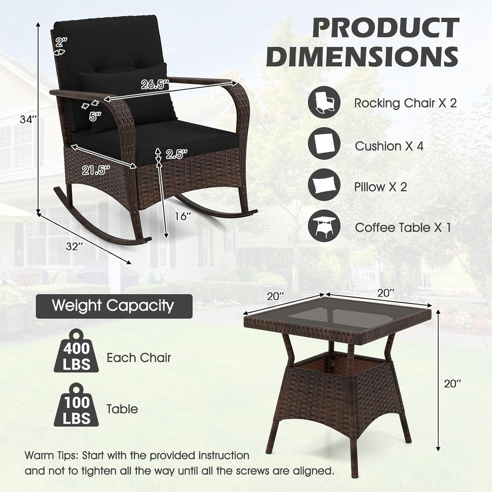 ORALNER 3 Pieces Outdoor Wicker Rocking Chair, Patio Furniture Set (Black)