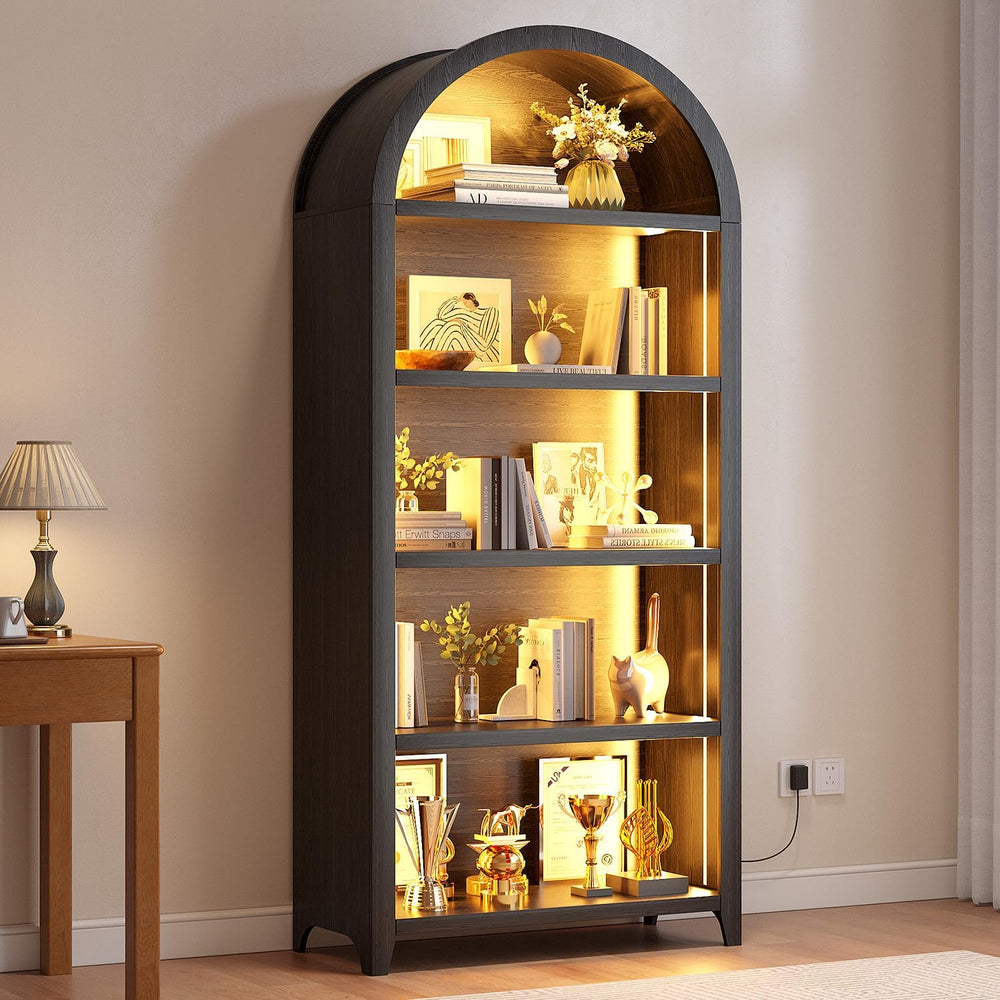 5-Tiber Arched Bookcase with 3-Color Lights & Motion Sensor, Black