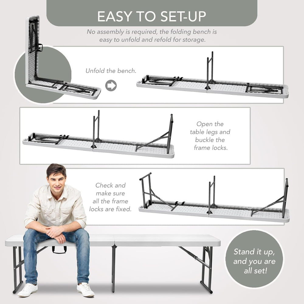 AJP Distributors 2 Pack 6 Foot Portable Plastic Folding Bench, White
