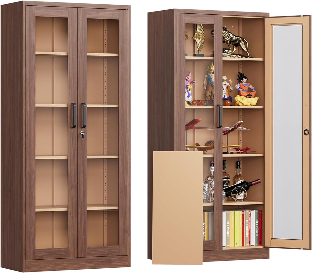 Locking Display Cabinet with Glass Door, 71”H Metal Curio Cabinets with Adjus...