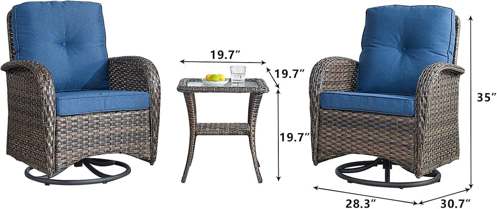 HUMMUH 6 Piece Wicker Patio Set, Swivel Rockers & Glider, Brown/Blue