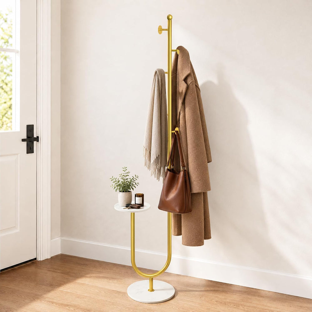 Metal Coat Rack Freestanding, Marble Table & Base, 6 Hooks (Gold)
