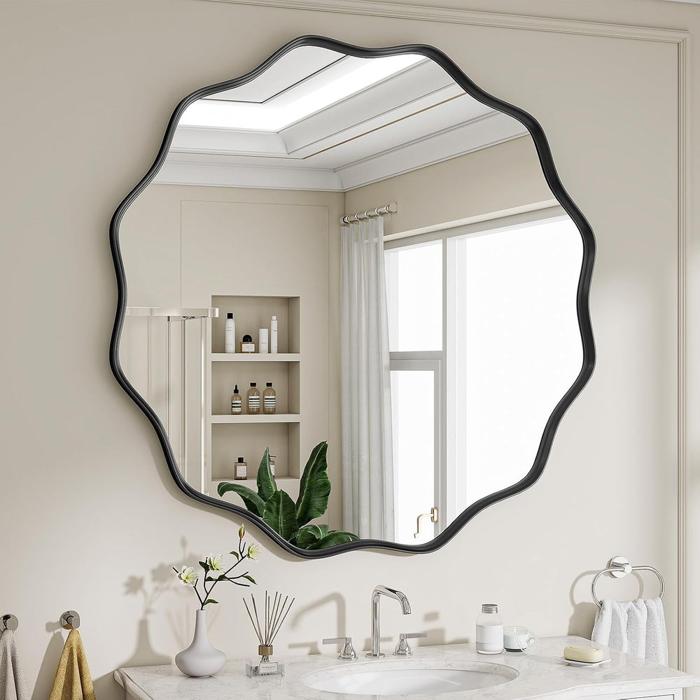 Wavy Round Mirror, 30" Scalloped Metal Frame Black Circle Mirror
