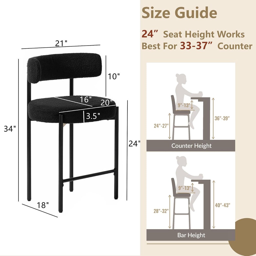 24" Counter Height Bar Stools Set of 2, Boucle, Black