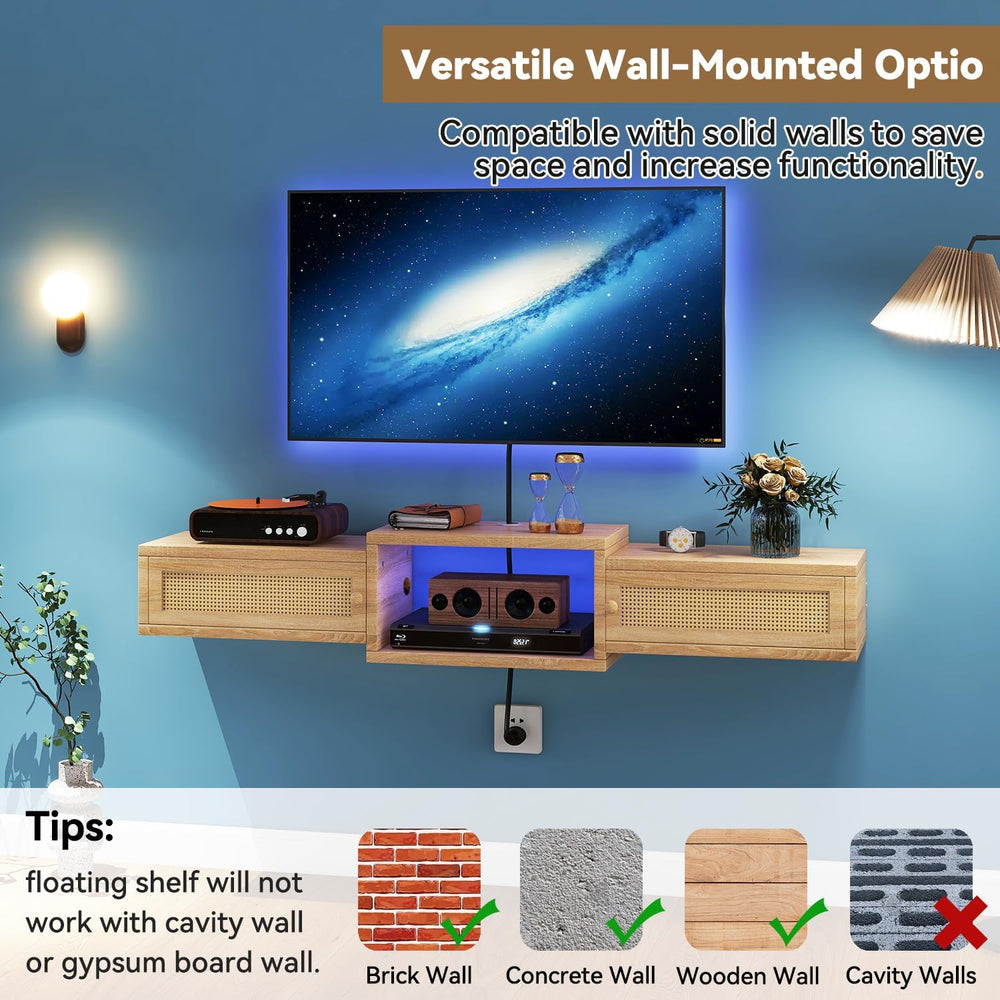 IBUYKE Modern Rattan Floating TV Stand with Doors,Wall Mounted TV Shelf for T...