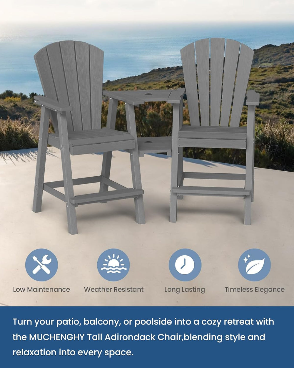 Ciokea Tall Adirondack Chairs Set of 2 with Connecting Trays, Gray