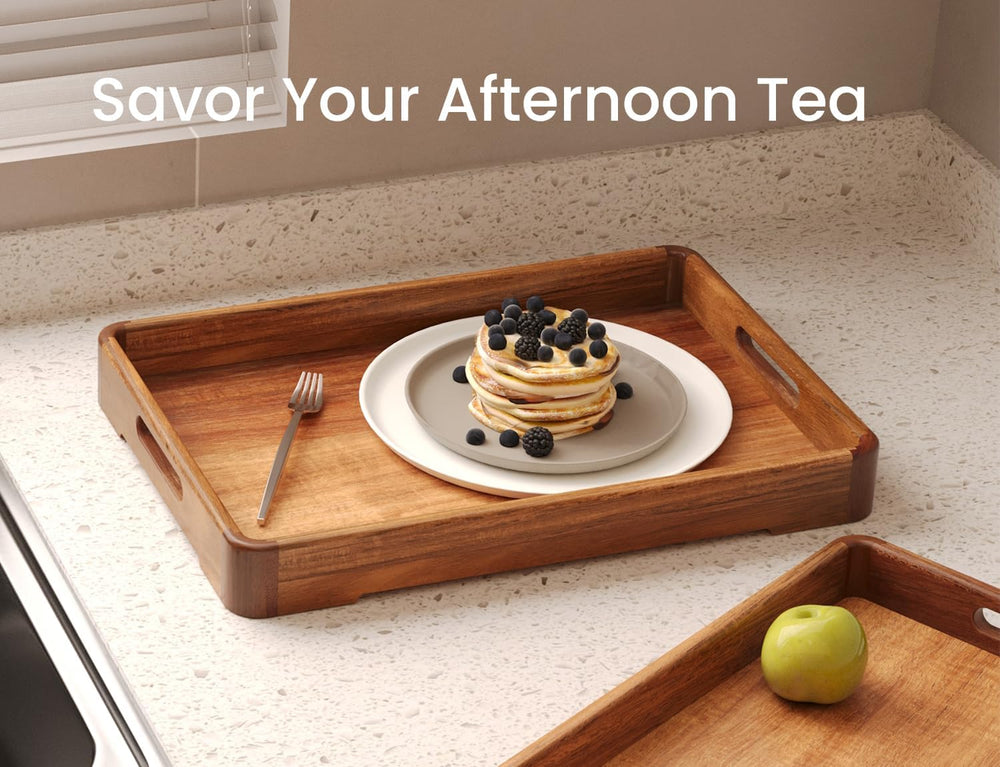 Acacia Wood Set of 2 Rounded Corners Serving Trays with Handles