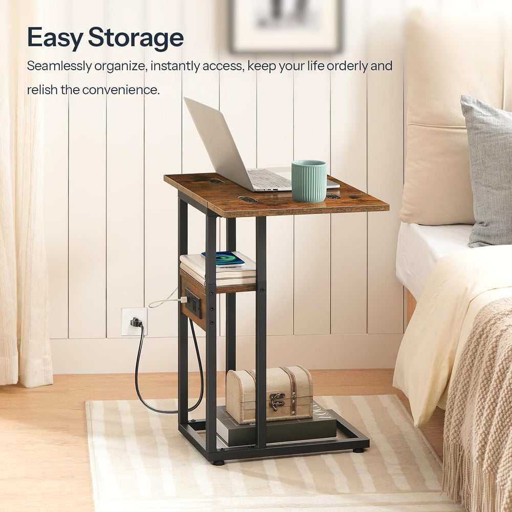 HOOBRO Foldable C Shaped End Table, Side Table with Charging Station