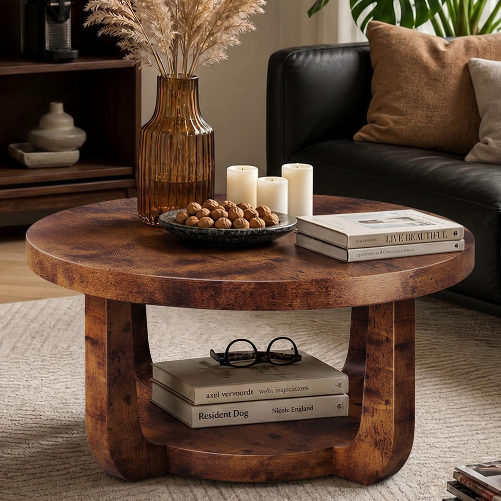 Round Coffee Table, 2-Tier Circle Coffee Table with Storage (Brown)