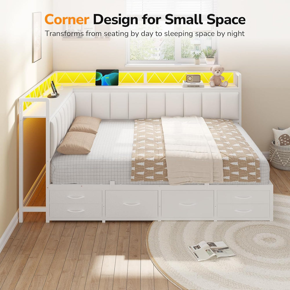 Corner Full Bed Frame with 6 Storage Drawers, Open Shelves,Charging Station