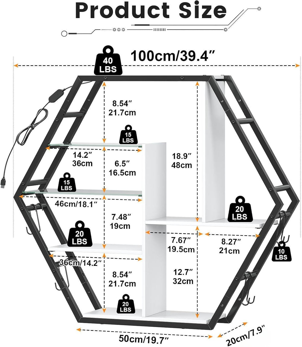Saudism Large Gaming Room Storage Shelf, Hexagon Wall Mounted Display Shelf