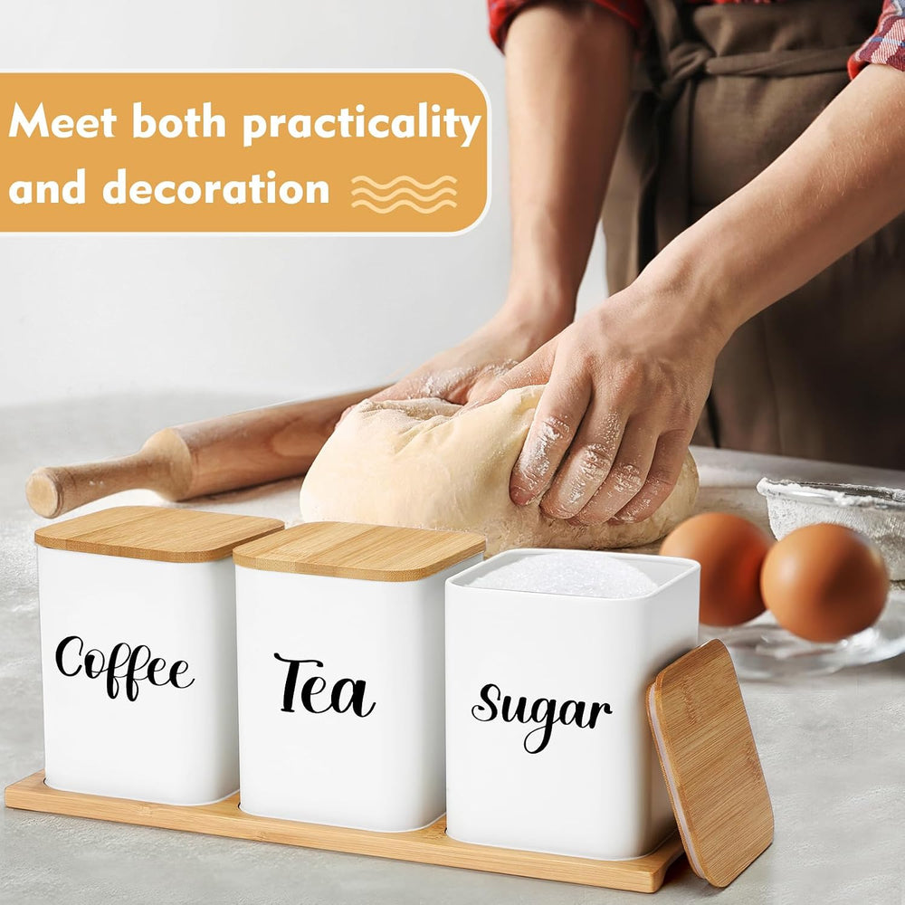 Tioncy Coffee Tea Sugar Container with Tray Set of 3 Airtight Metal Canister ...