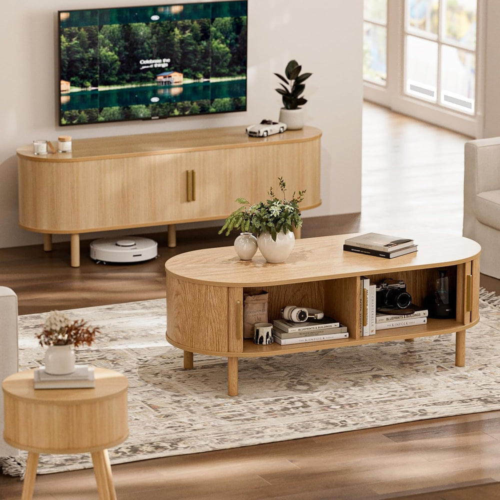 ZttRiee Oval Coffee Table with Sliding Doors, Modern, Natural
