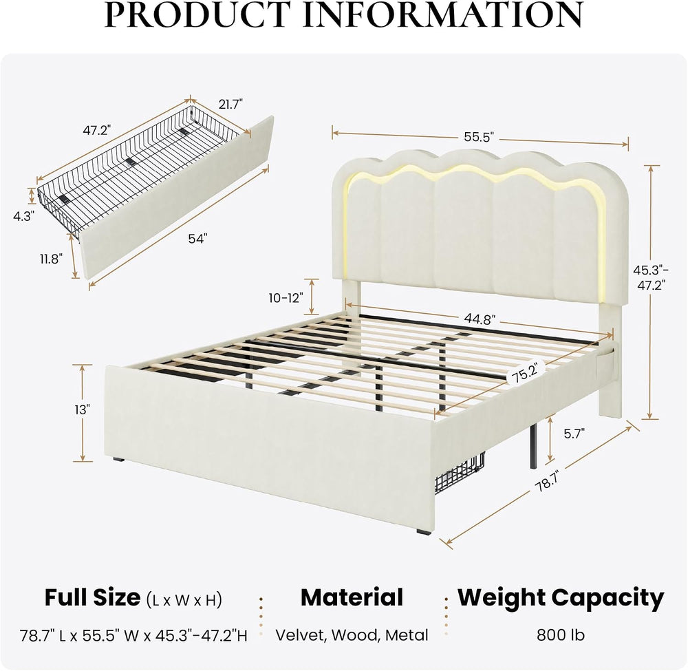 SHA CERLIN Full Size Bed Frame with LED Lights and Storage Drawer, Cream