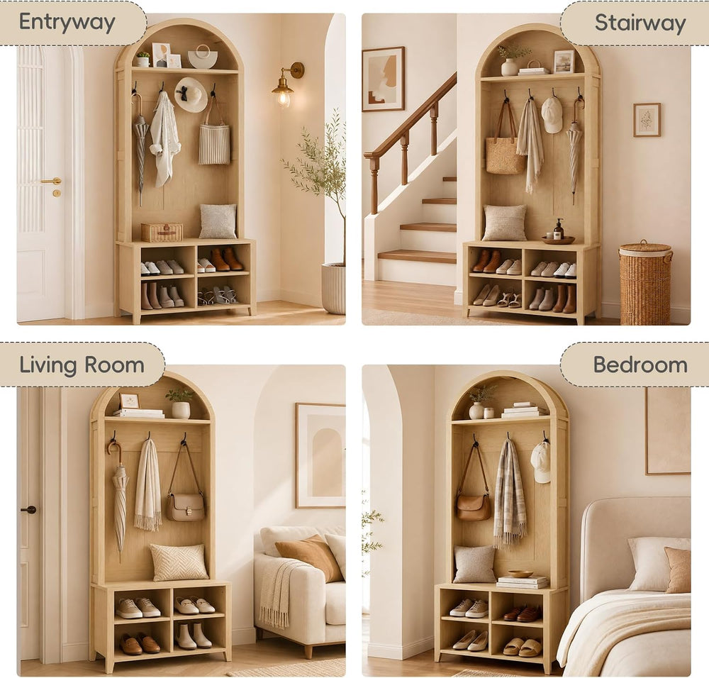 Arched Hall Tree with Bench and Shoe Storage (Oak, 32" W)