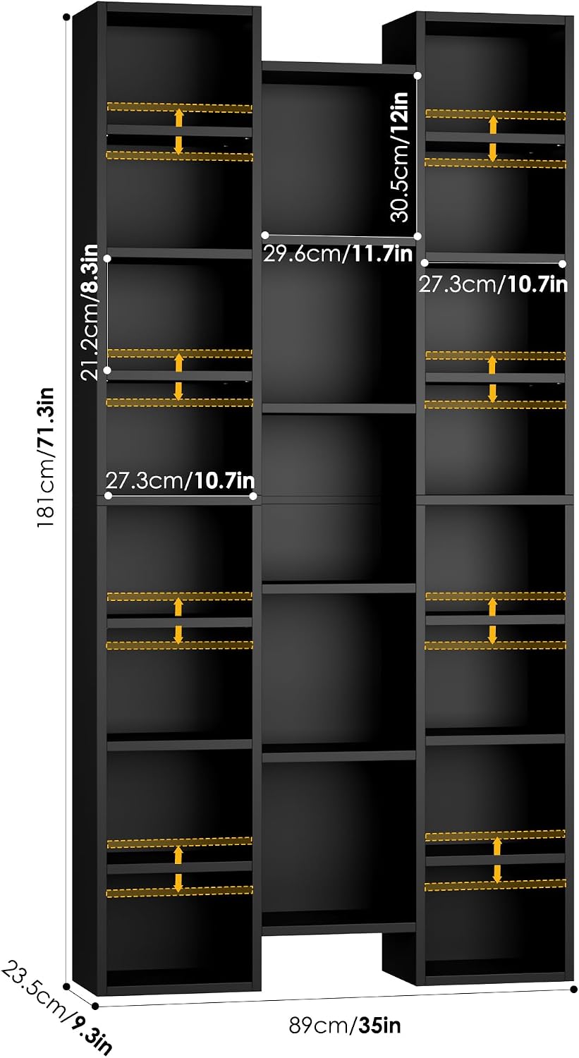 FOTOSOK 71'' H Black Bookshelf with 21 Cubes, Triple Wide Tall Bookshelf