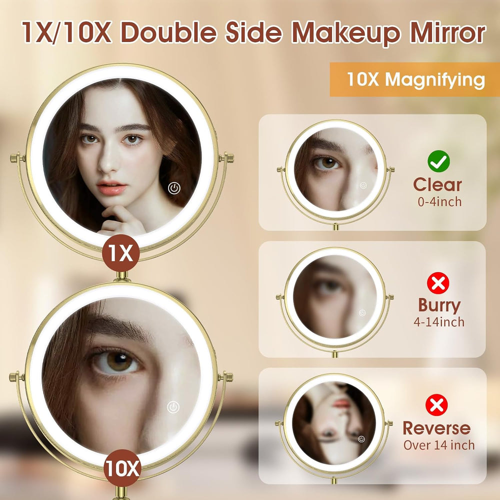MILPROX Adjustable Height Makeup Mirror with 10X Magnifying & Light, Gold