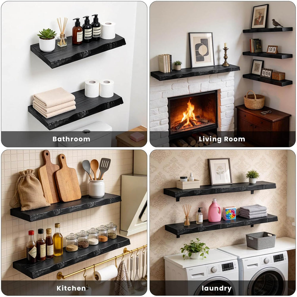 Black Live Edge Floating Shelves, 16 Inch Set of 2, Solid Elm Wood